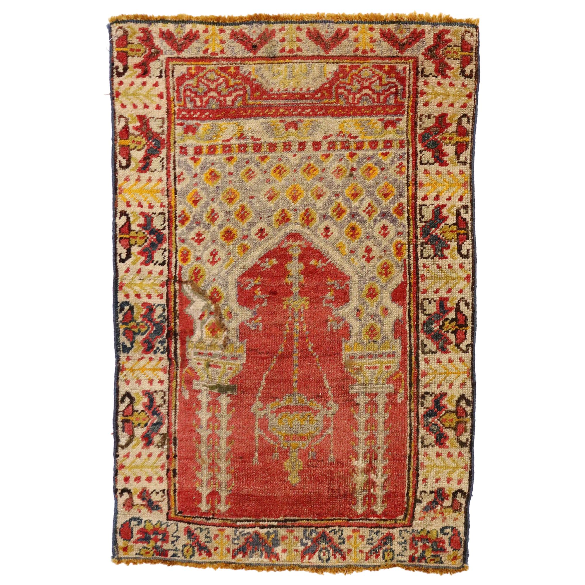 Distressed Vintage Turkish Yastik Oushak Rug, Turkish Prayer Rug