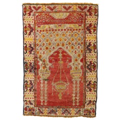 Distressed Retro Turkish Yastik Oushak Rug, Turkish Prayer Rug