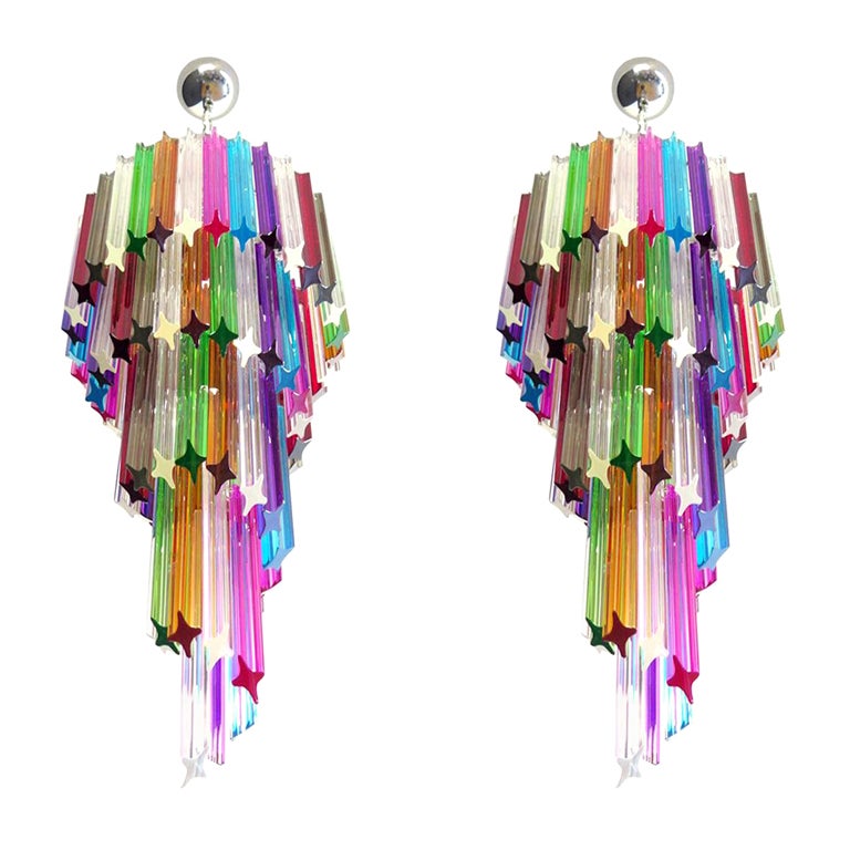 Pair of Murano Chandelier Multi-Color, 86 Quadriedri Prism, Mariangela Model For Sale