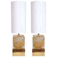 Pair of Solid Murano Glass Gold Swirl Square Cube Lamps with Brass Base, Italy
