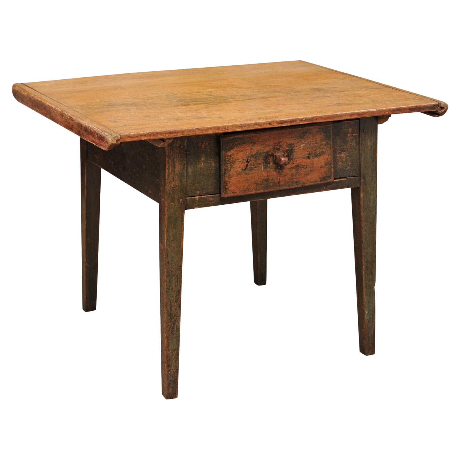 19th Century Painted Kitchen Table with 1 Deep Drawer & Tapered Legs, Sout For Sale