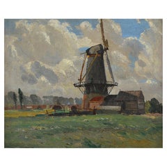 Antique William Ashton, English Windmill, Oil on Canvas, Early 20th Century