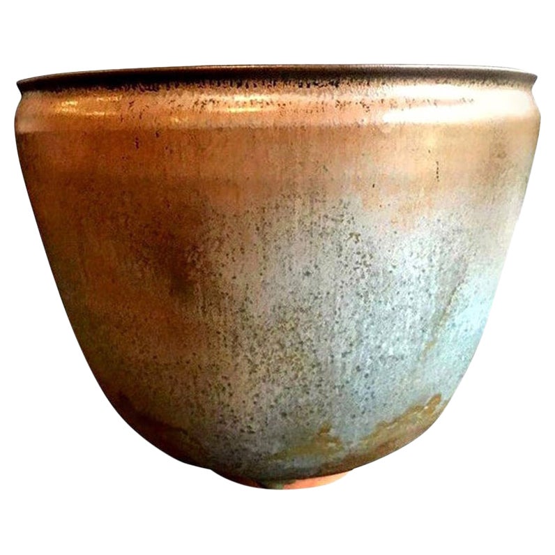 Otto & Gertrud Natzler Green Brown Glazed Mid-Century Large Footed Bowl Vase For Sale