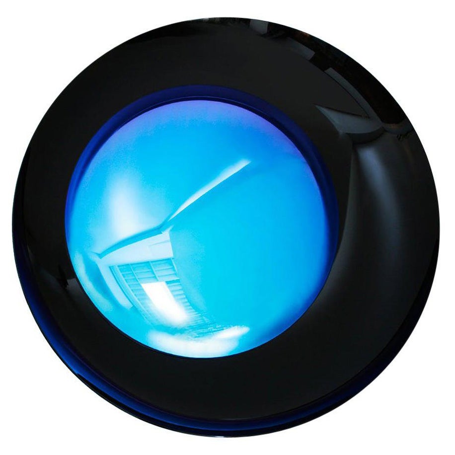 Modern Sculptural Concave Black and Blue Handmade Glass French Mirror For Sale