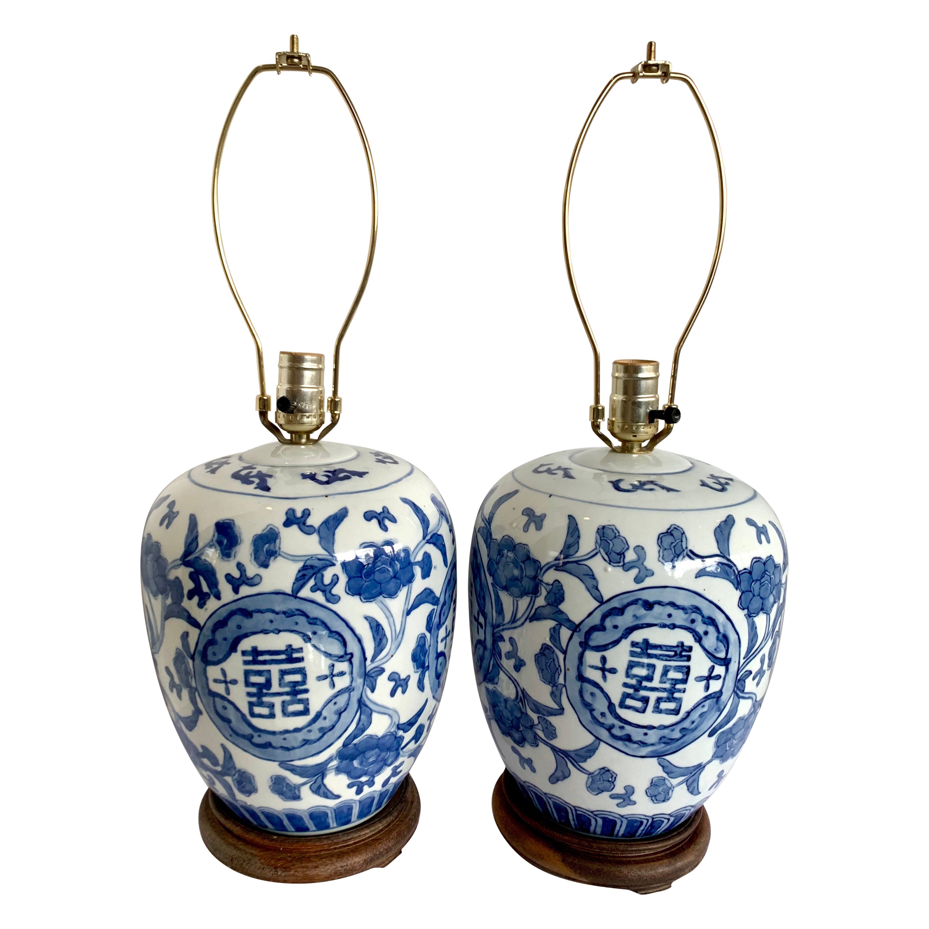 Pair of Blue and White Chinese Temple Jar Lamps at 1stDibs