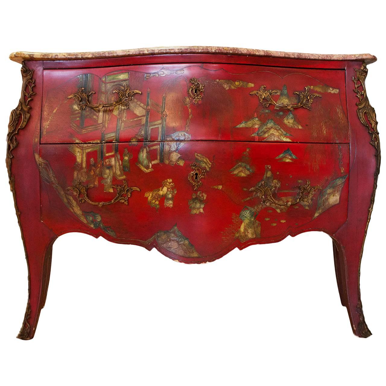 French Red Lacquered Bombe Commode in Louis XV Style For Sale