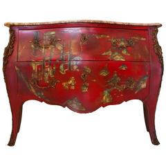 French Red Lacquered Bombe Commode in Louis XV Style
