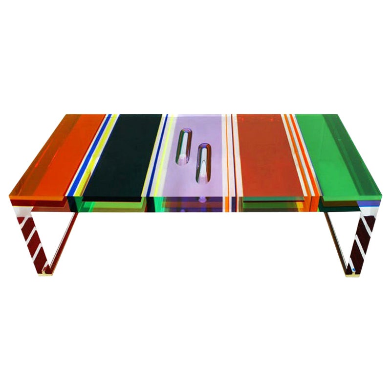 Studio Superego Modern Multicolour Plexiglass and Brass Feet Italian Coffee Table