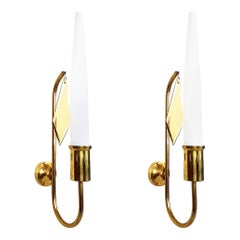 Vintage White Opaline Glass Shade and Brass 1950s Sconces in the Style of Arredoluce