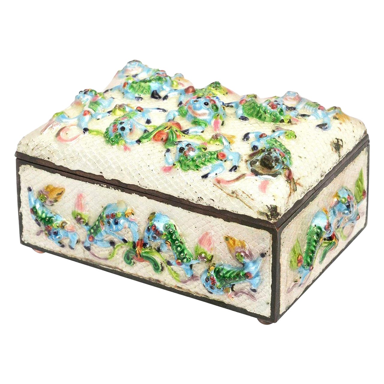 Caja china vintage esmaltada en verde, azul, rosa y rojo "Buena suerte" Perro Foo y Rana
