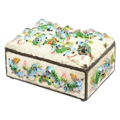 Used Enamel Green, Blue, Pink Red "Good Luck" Foo Dog and Frog Chinese Box