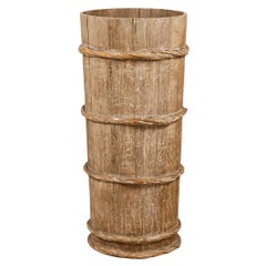 Tall Vintage Rustic Wooden Barrel with Slatted Body and Rope-Style Motifs