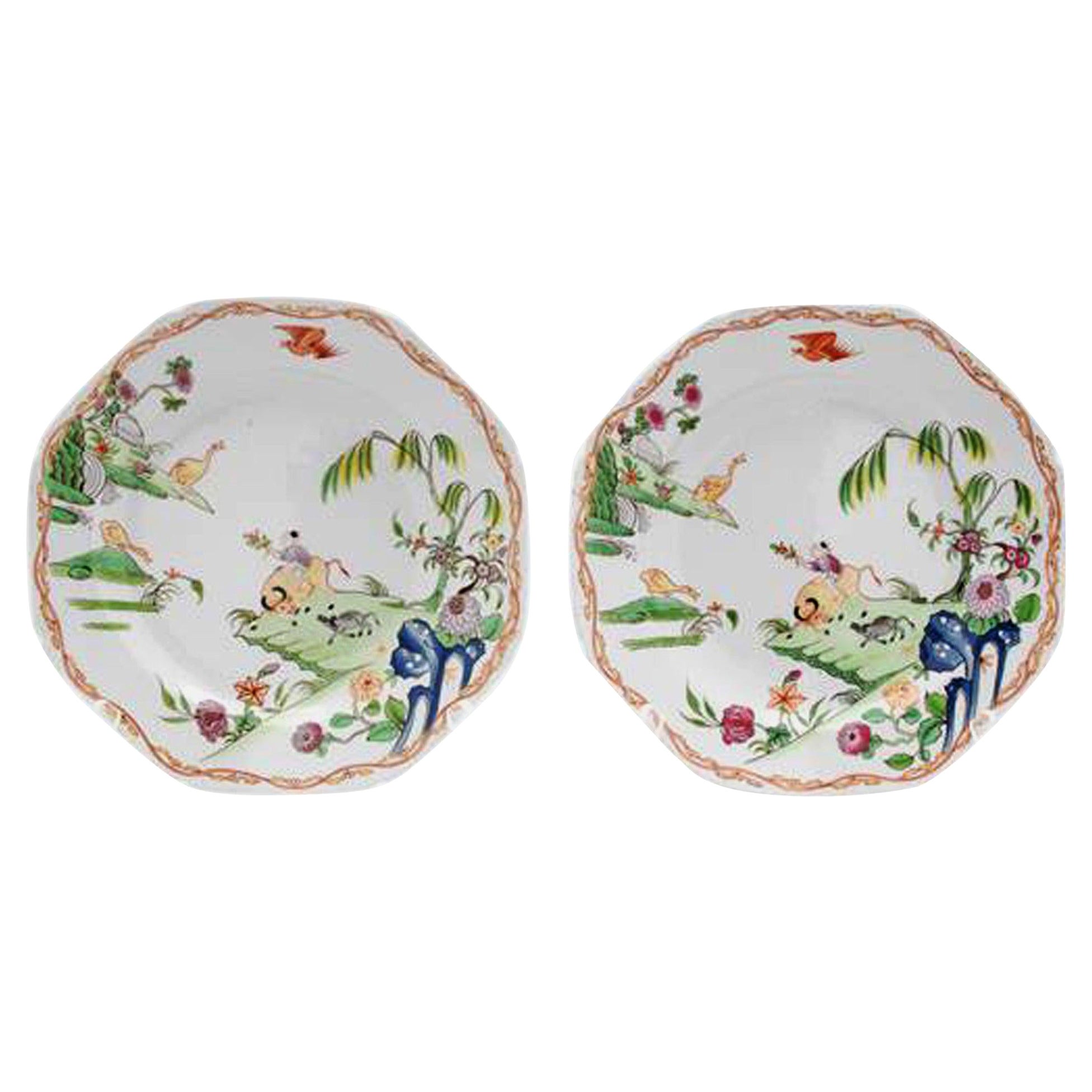 Porcelain Chinoiserie Plates with the Boy and Buffalo Pattern, Attr. Miles Mason For Sale