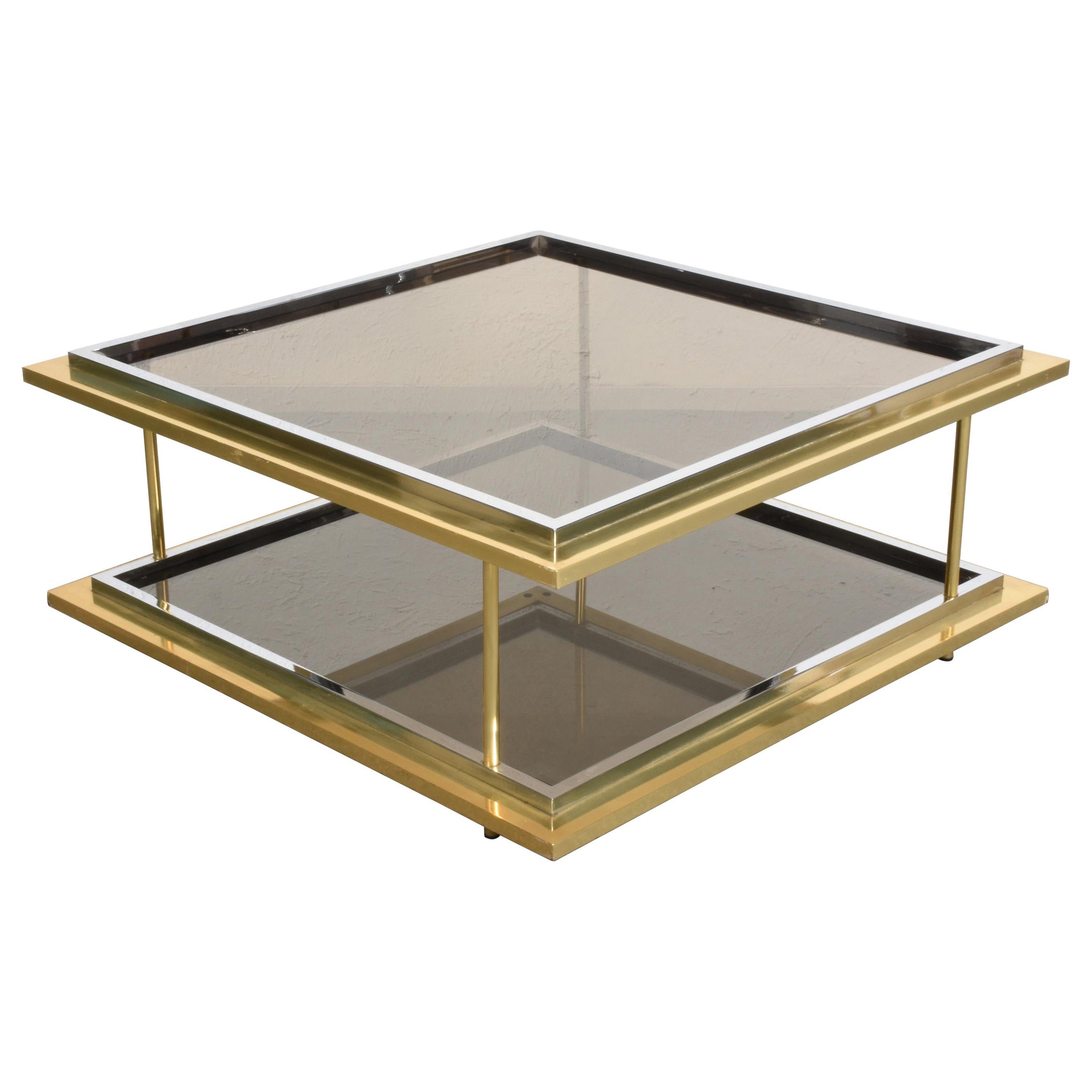 Midcentury Brass, Chrome and Glass Italian Coffee Table After Romeo Rega, 1970 For Sale