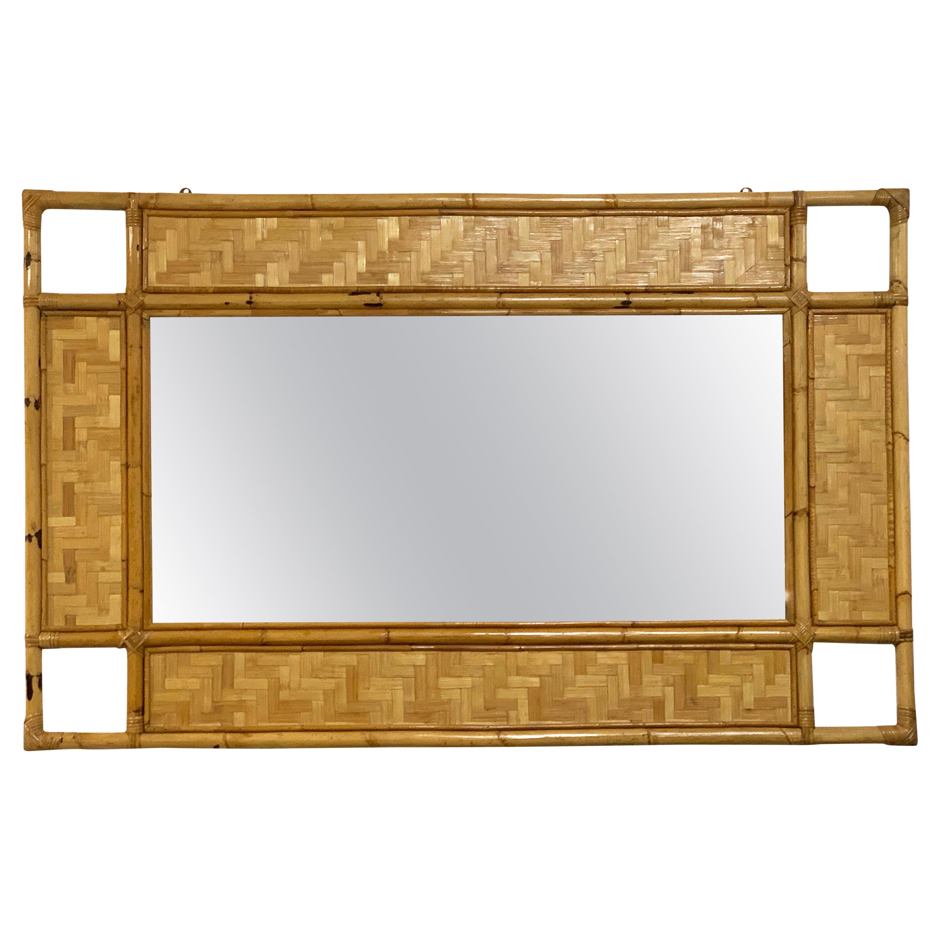 Rattan and Woven Wicker Spanish Modernist Mirror with Shelf, 1970s For