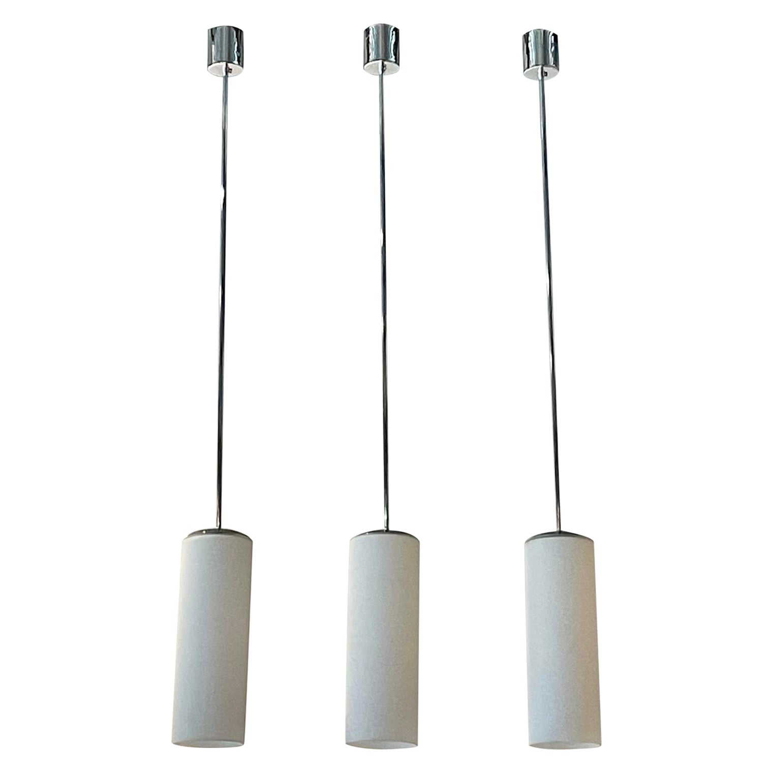 Set of 3 Opaline Cylinder Glass on Chrome Rod and Barrel Canopy Light Pendants For Sale