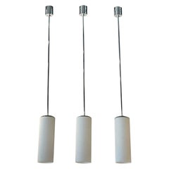 Vintage Set of 3 Opaline Cylinder Glass on Chrome Rod and Barrel Canopy Light Pendants