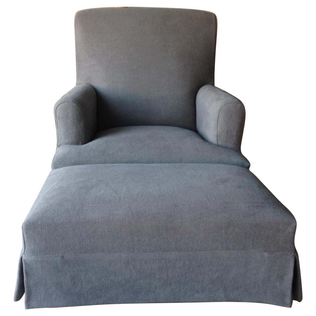 Custom Made Belgian Linen Armchair with Footstool For Sale