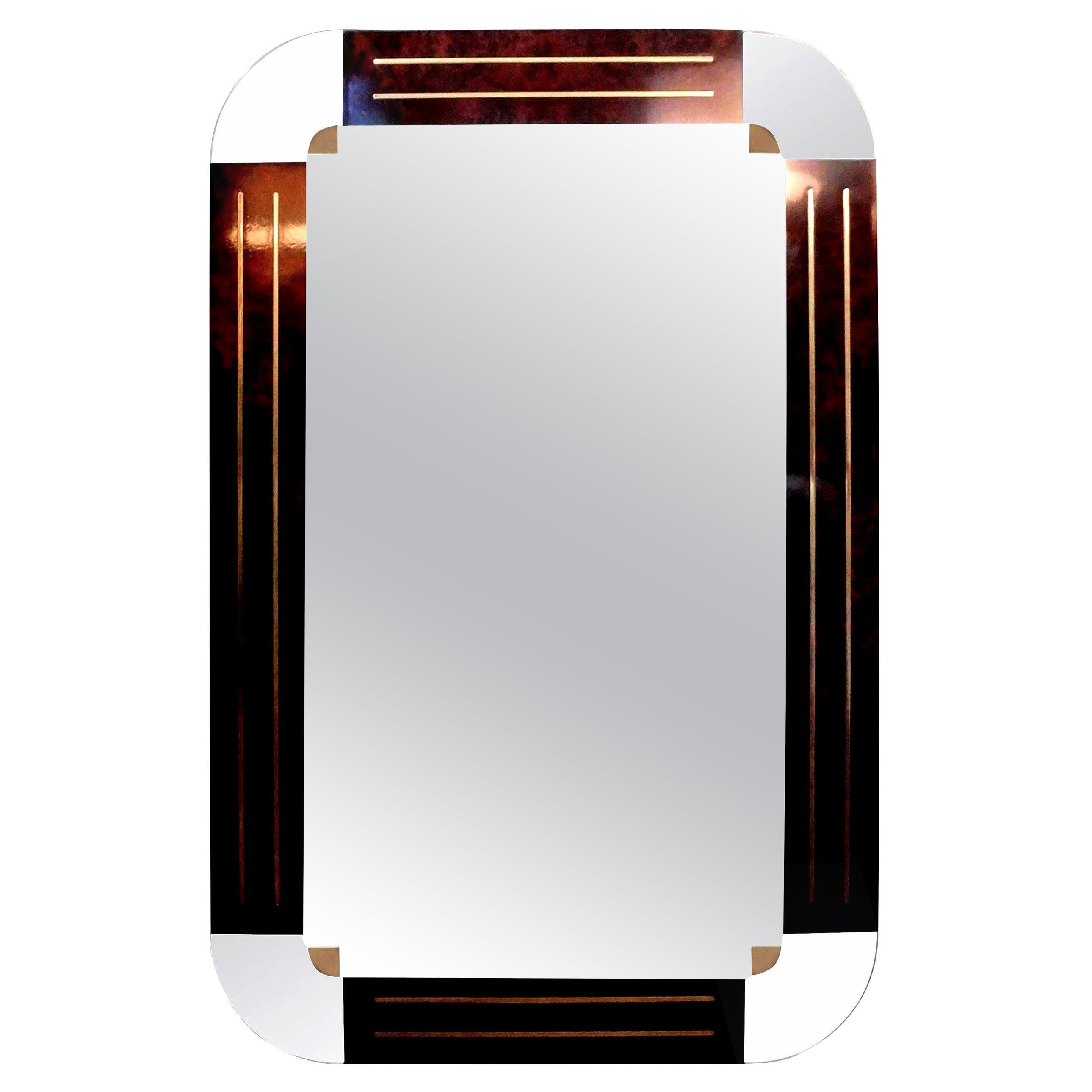 Italian Burled Wood and Bronze Mirror After Gio Ponti