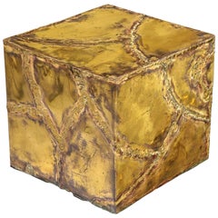 Vintage Silas Seandel Cube Side Table, Welded Bronze, Brass, Copper, Signed