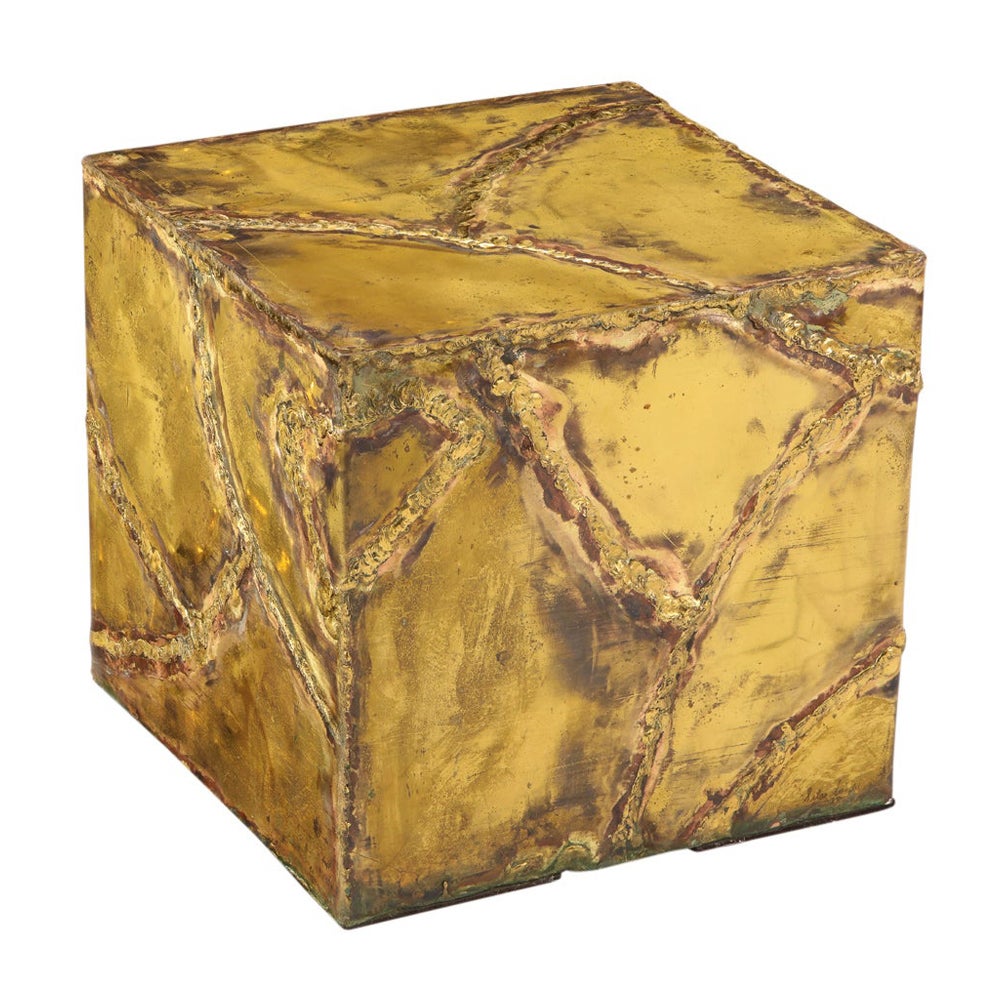 Silas Seandel side table, bronze, brass, and copper, signed. Chunky welded cube form side table with bright patina and rugged surface. Signed: 