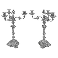 Antique Stunning Pair of Rococo Design Sterling Silver Candelabra - Hennell London 1870