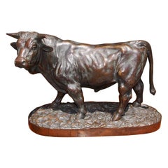 Bronze Bull Sculpture Standing on Rocky Oval Plinth, E. Ragoneau, circa 1850
