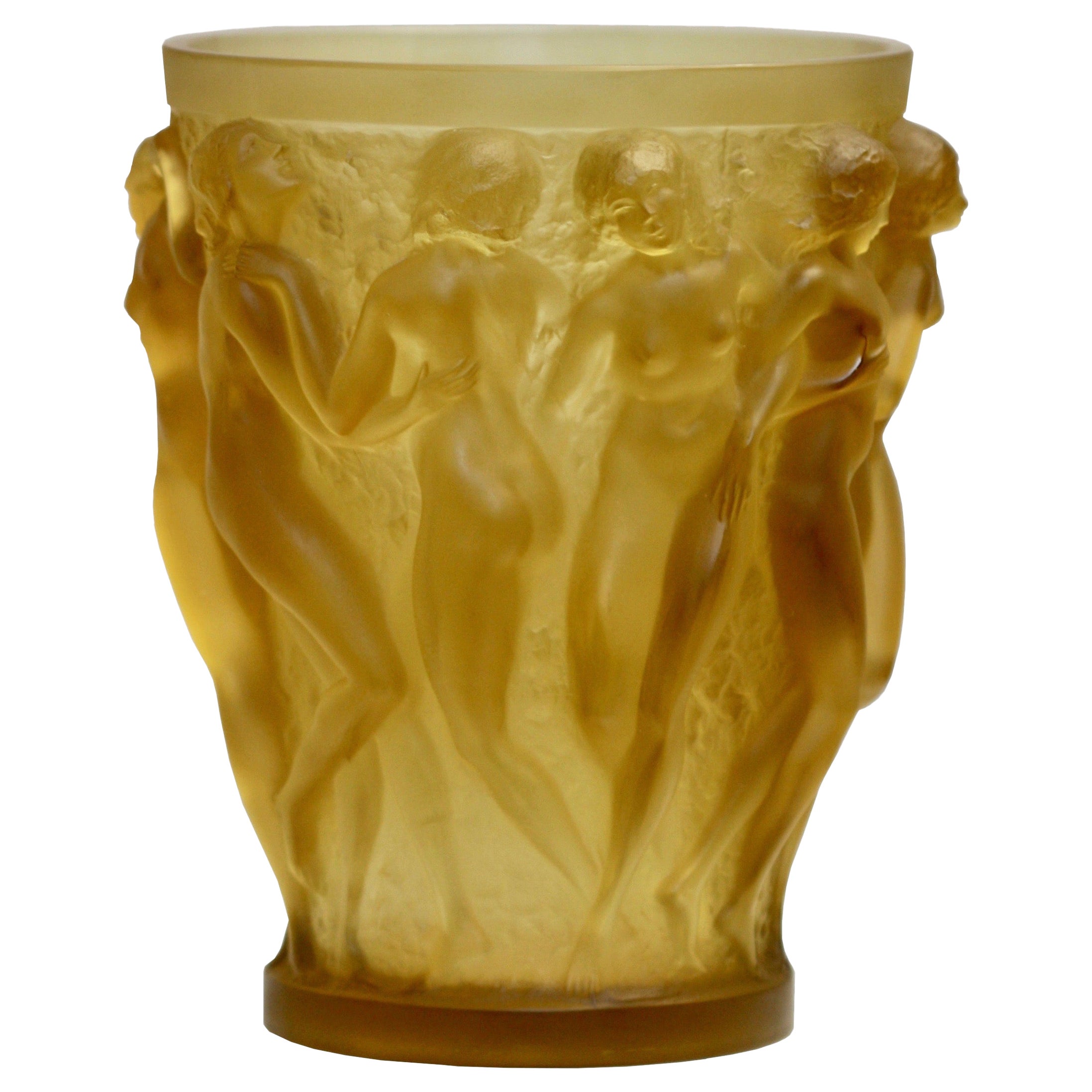 1927 René Lalique Original Bacchantes Vase in Yellow Amber Glass