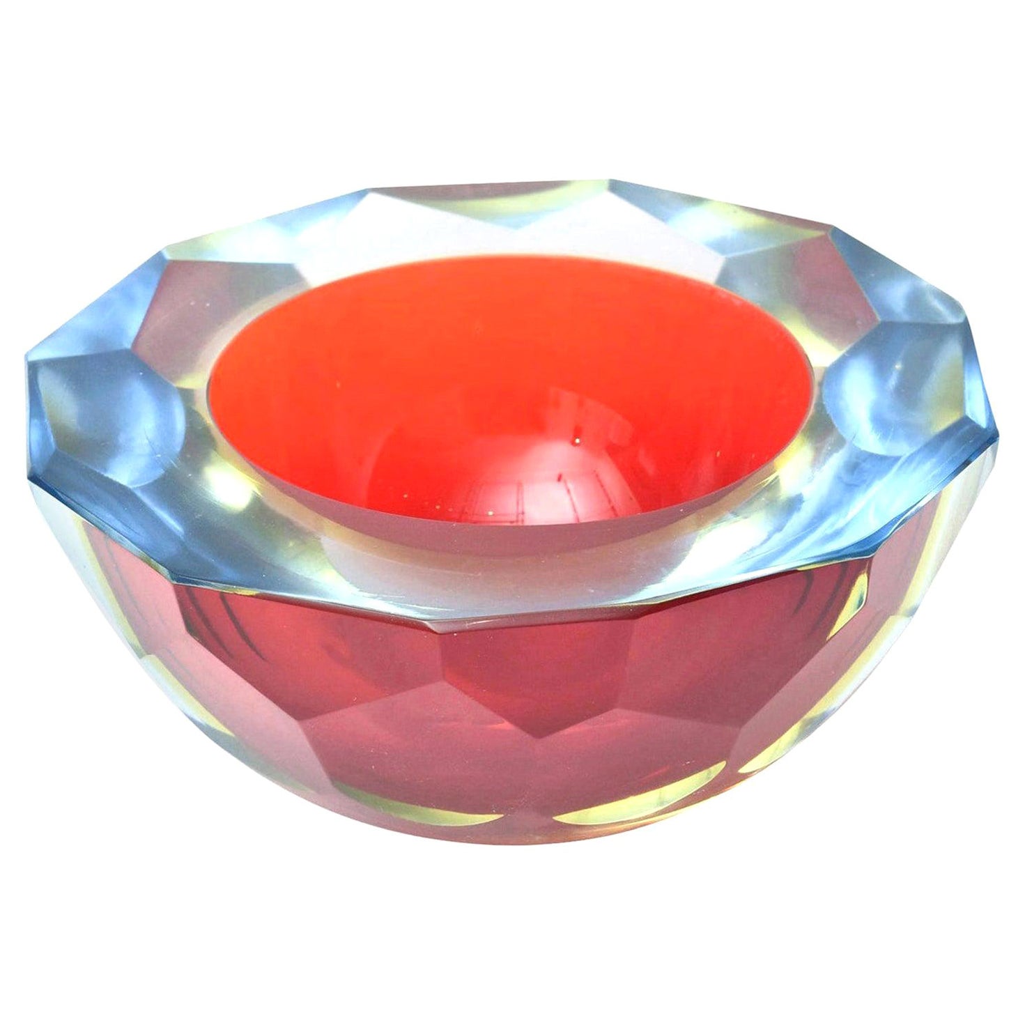 Murano Mandruzzato Red, Blue Sommerso Diamond Faceted Geode Glass Bowl  Vintage