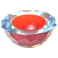 Murano Mandruzzato Red ,Blue Sommerso Diamond Faceted Geode Glass Bowl Vintage