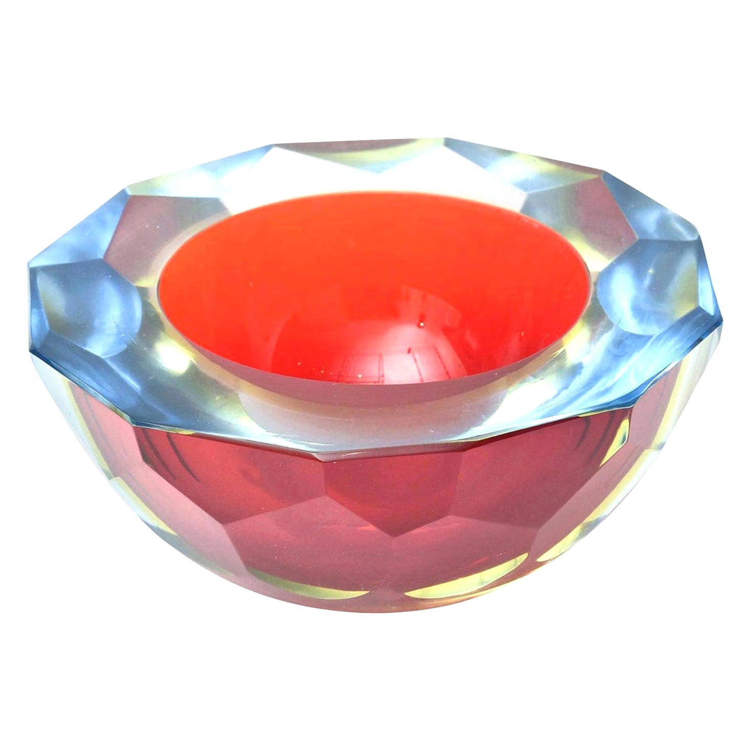 Murano Mandruzzato Red, Blue Sommerso Diamond Faceted Geode Glass Bowl Vintage