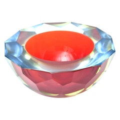 Murano Vintage Mandruzzato Red, Blue Sommerso Diamond Faceted Geode Glass Bowl