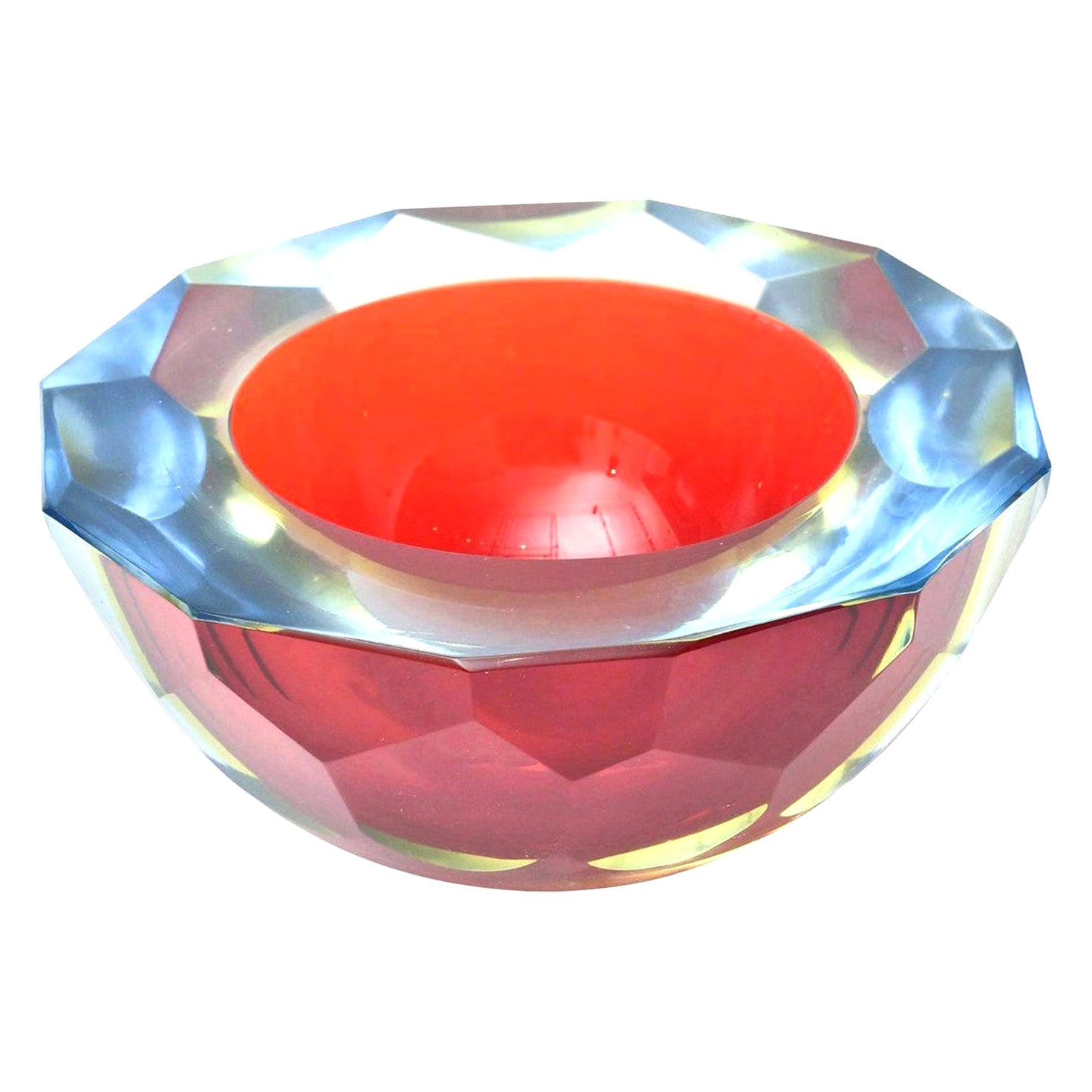 Murano Mandruzzato Vintage Red, Blue Sommerso Diamond Faceted Geode Glass Bowl