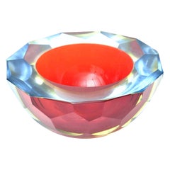 Cuenco de cristal de Murano Mandruzzato Vintage Rojo, Azul Sommerso Diamante Facetado Geoda