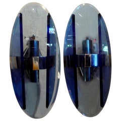 Retro Pair of Italian Fontana Arte Style Blue Glass Sconces