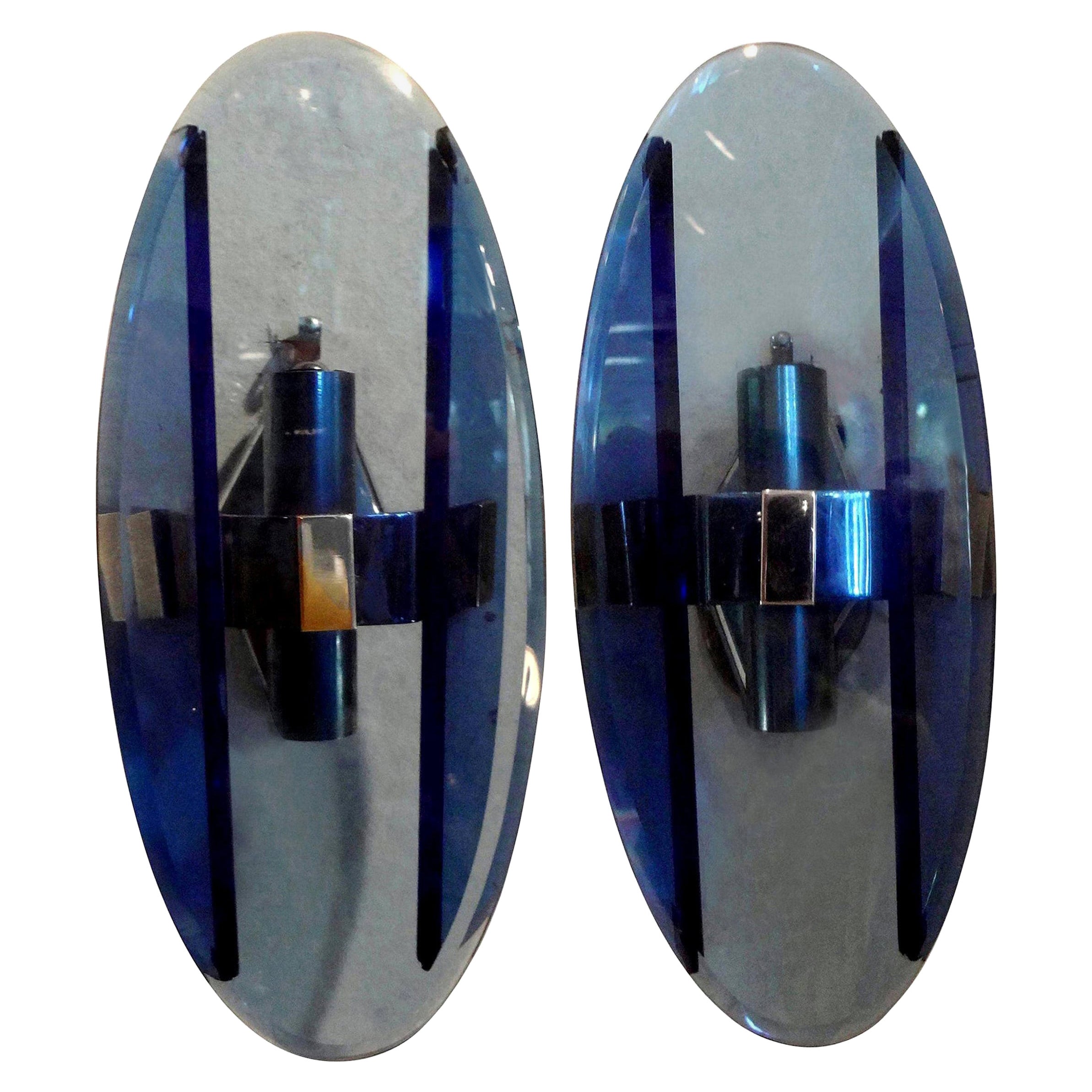 Paar italienische blaue Glasleuchter im Fontana-Arte-Stil