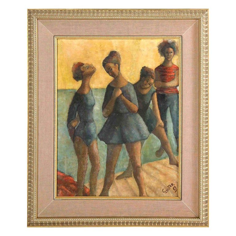 Painting, Signed Gunter, Green and Blue Color, "Dancers", Mid-Century, C 1969 For Sale