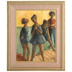 Painting, Signed Gunter, Green and Blue Color, Midcentury, "Dancers", C 1969
