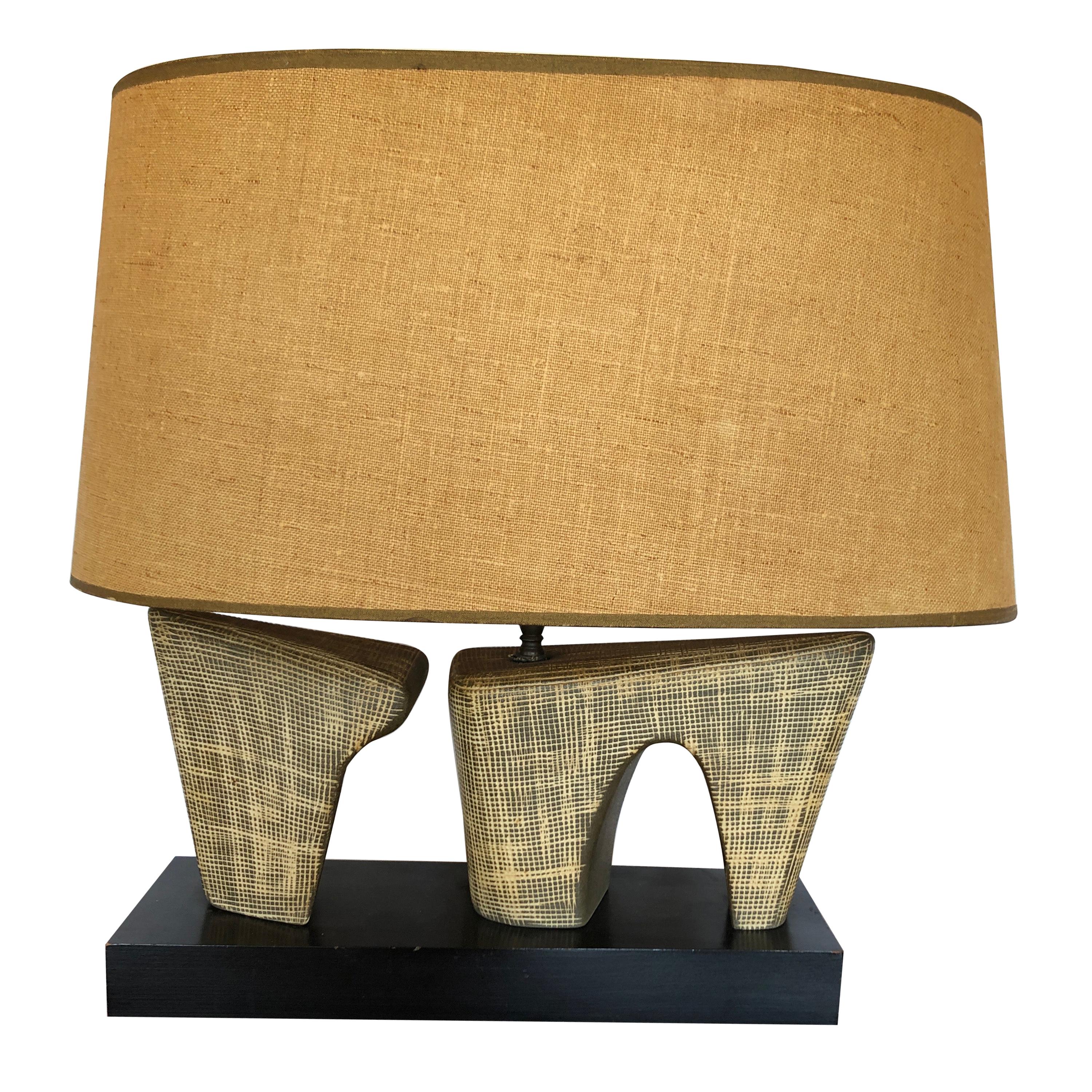 Super Stylish Mid-Century Modern Pottery Lamp with Oval Linen Shade