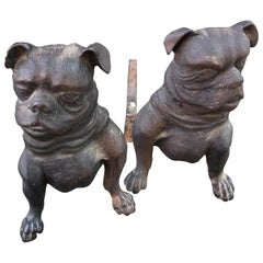 Vintage Cast Iron Bull Dog Andirons
