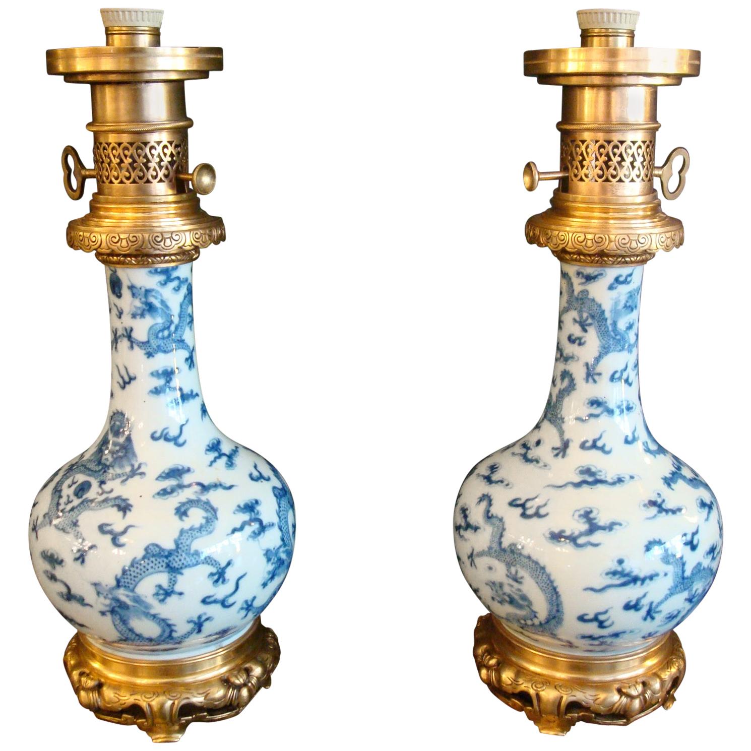 Pair of Ormolu-Mounted Theodore Deck Chinese Dragons Vases as Table Lamps