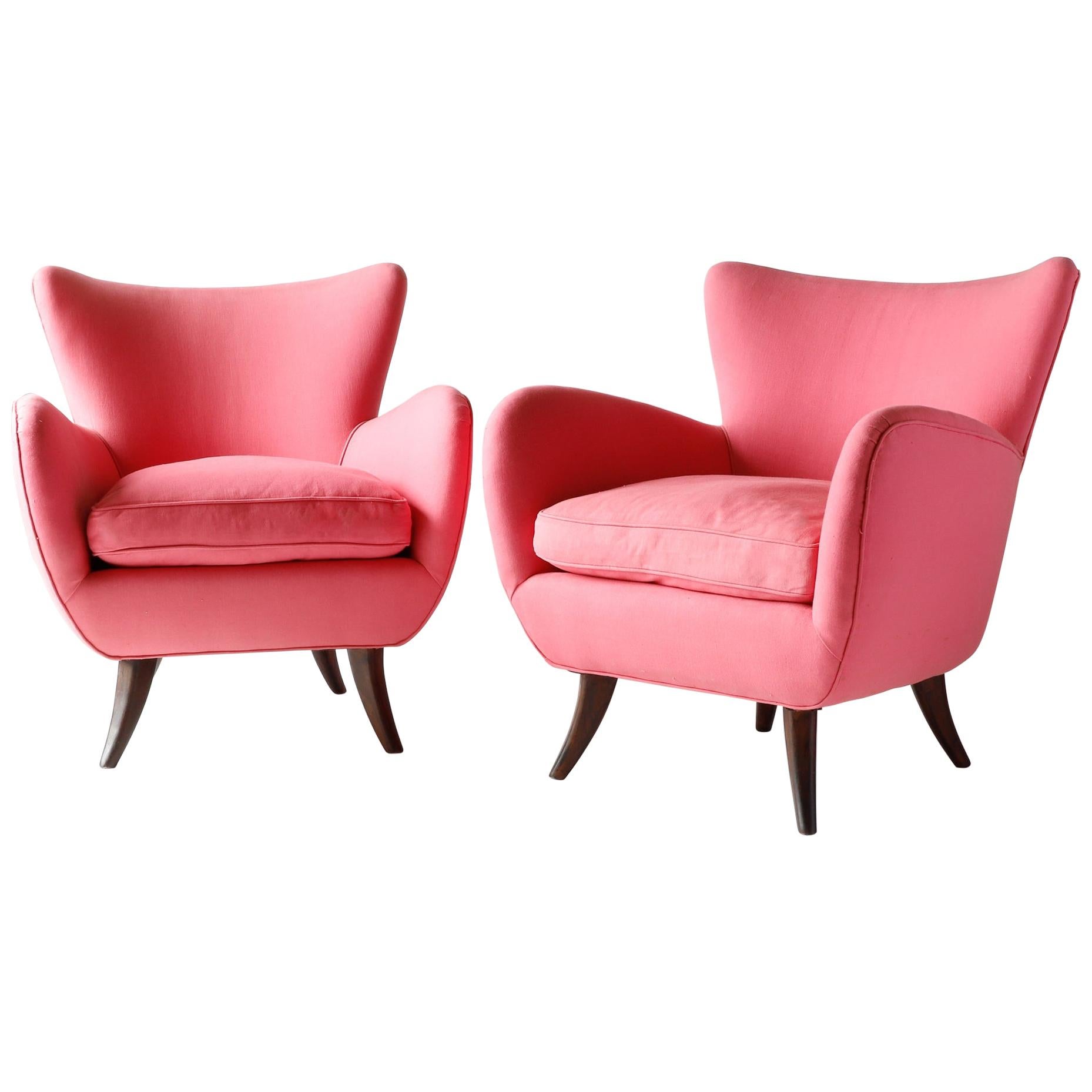 Pair of Ernst Schwadron Upholstered Lounge Chairs, 1940s, Bright Pink For Sale