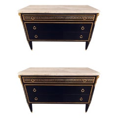 Pair of Ebony Hollywood Regency Jansen Style Greek Key Marble-Top Commodes