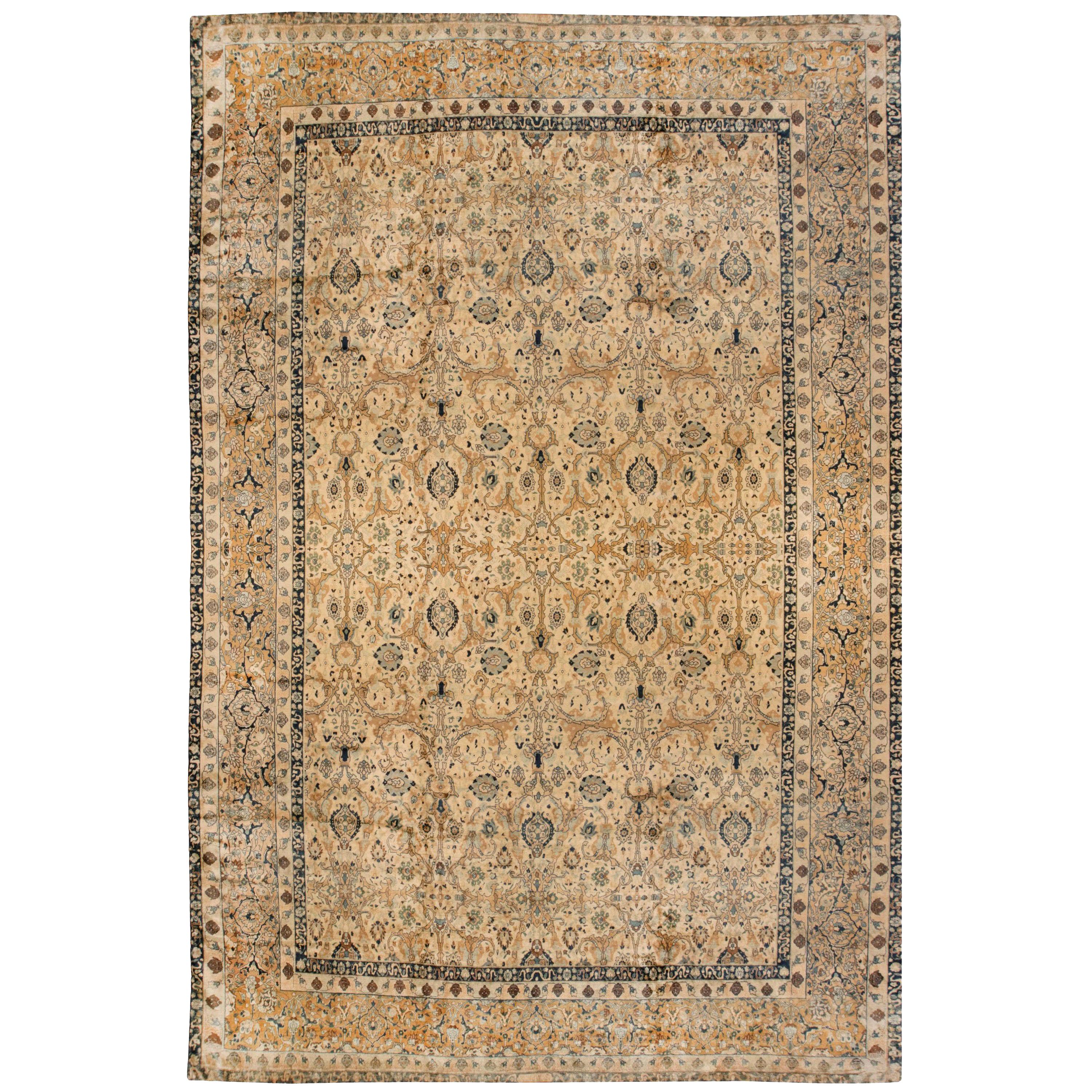 Antique Persian Tabriz Beige Handwoven Wool Rug