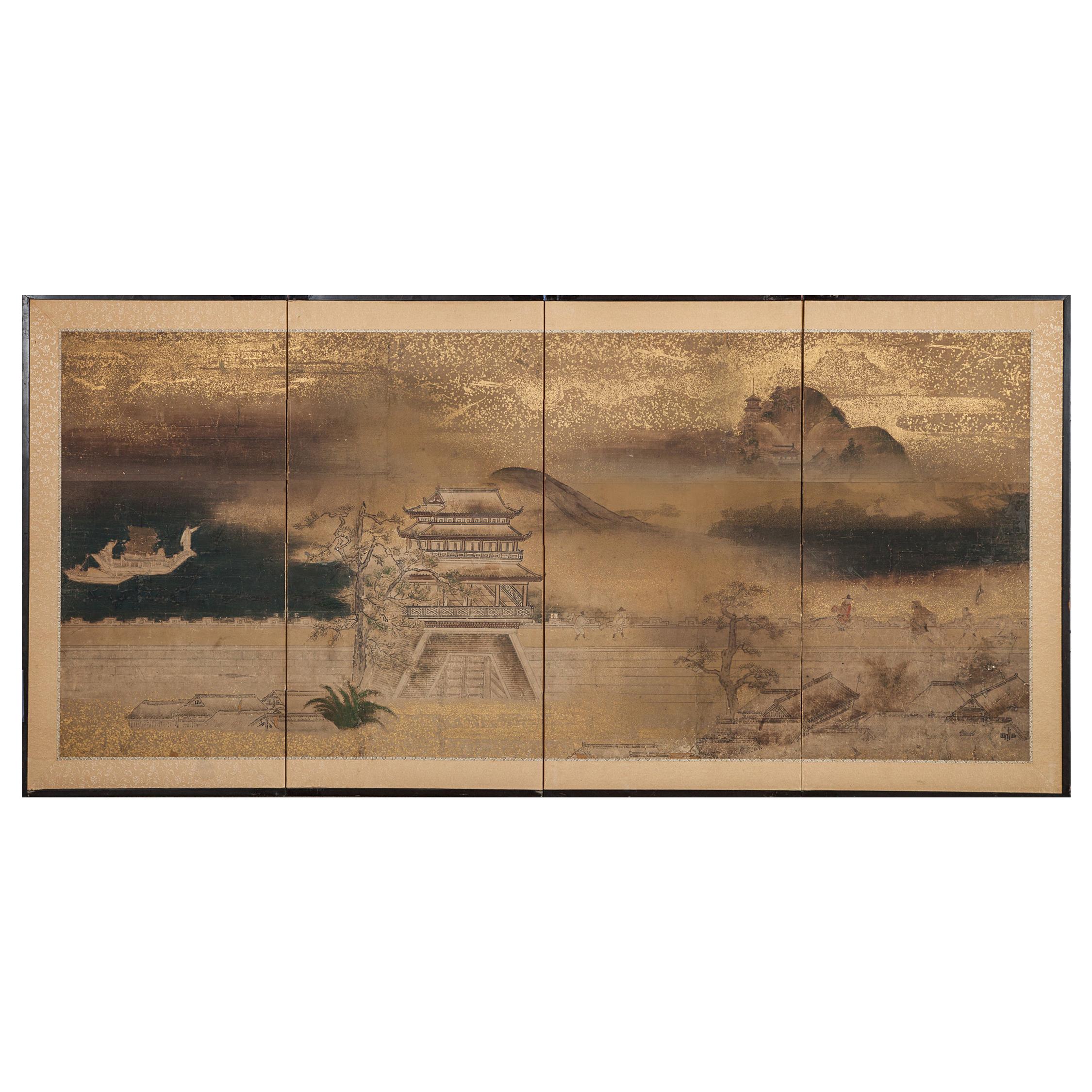 Japanese Four Panel Screen Chinese Temple in Mountain Landscape