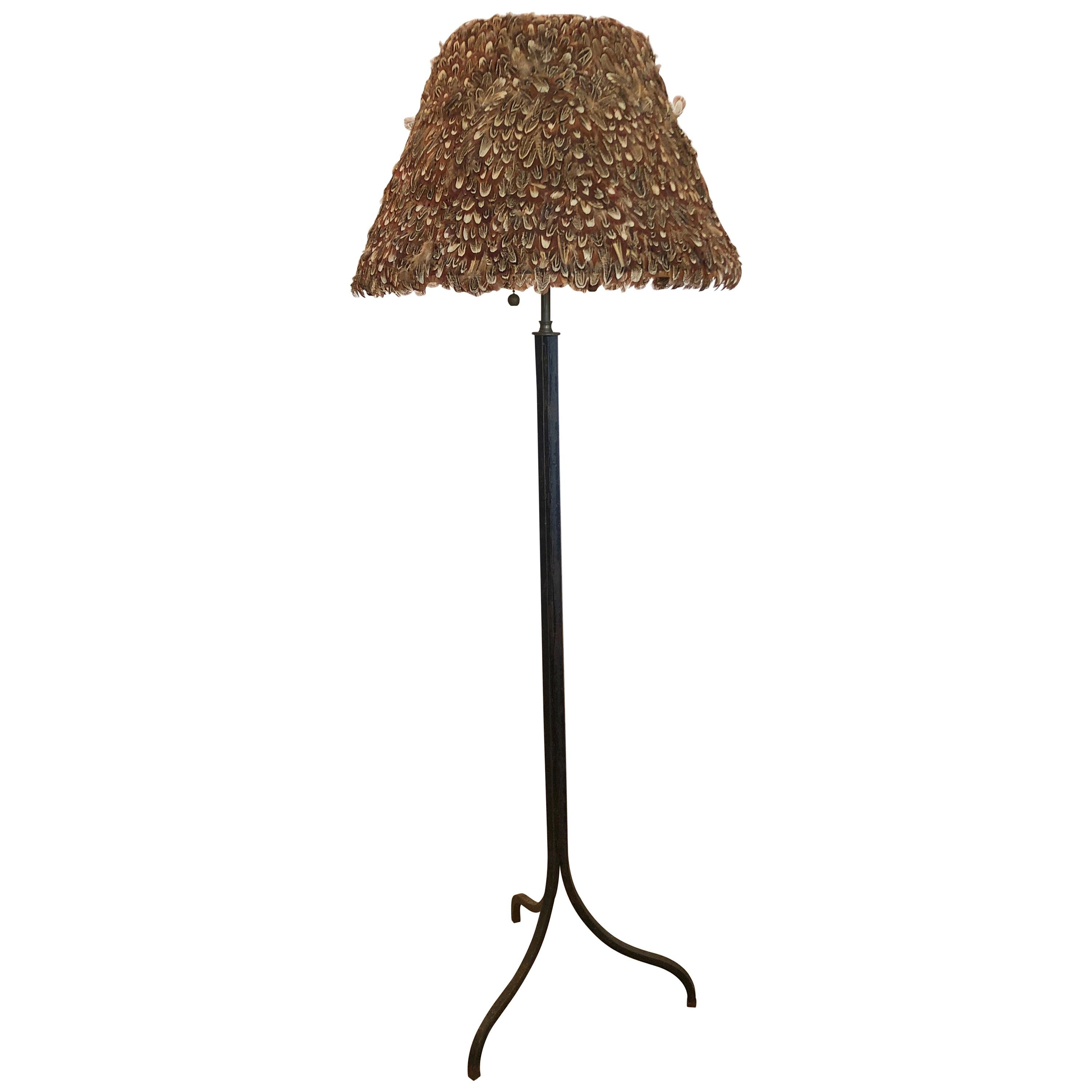 French Vintage Directoire Steel Floor Lamp with Feather Shade For Sale