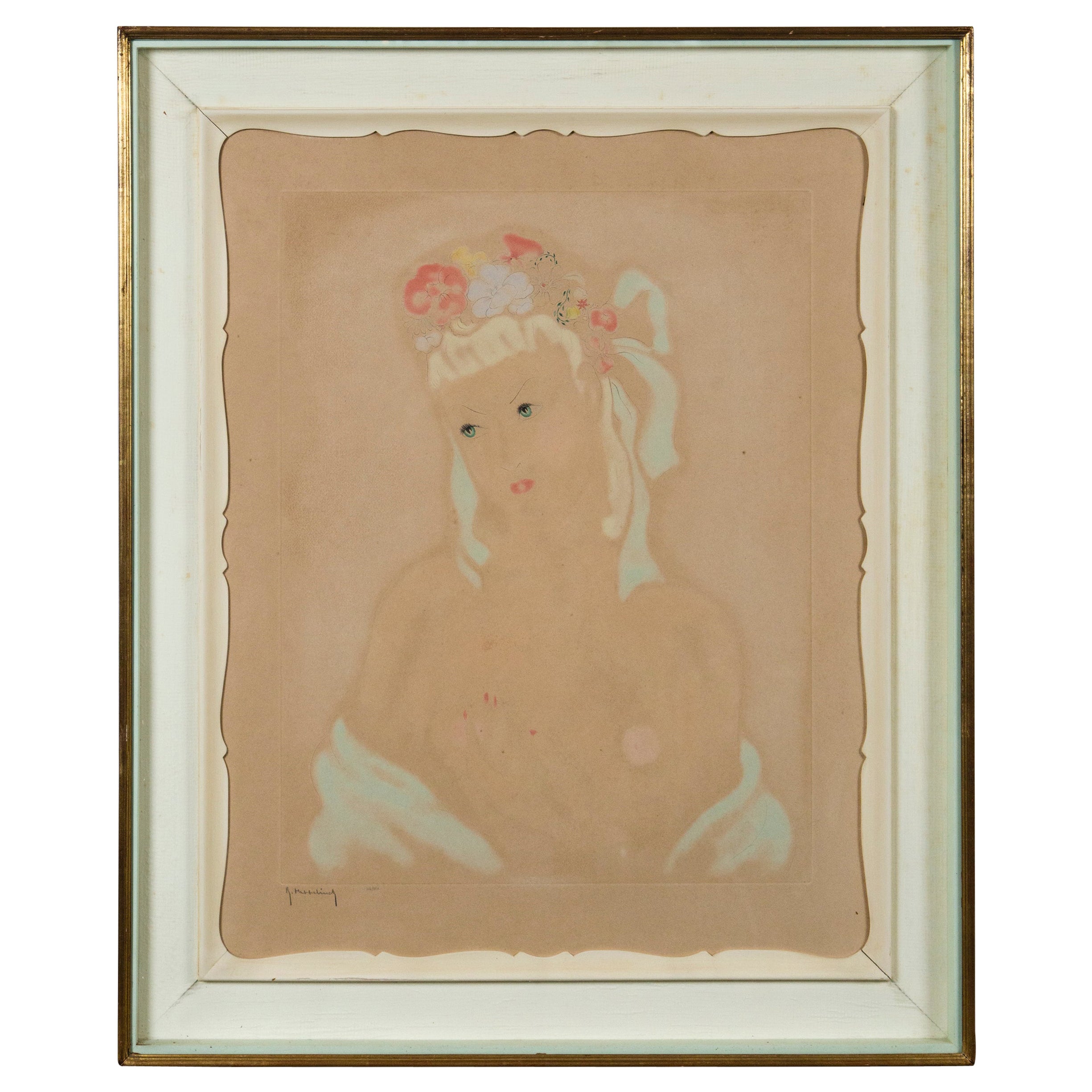 French 1940s Pastel Drawing of a Woman, Original French Framing