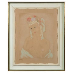 Vintage French 1940s Pastel Drawing of a Woman, Original French Framing