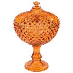 Exquisite Hollywood Regency Diamond Point Glass Footed Bowl in Amber, 1940's