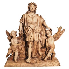 Large 18th Century Wooden Carving of an Angel with Cherubs
